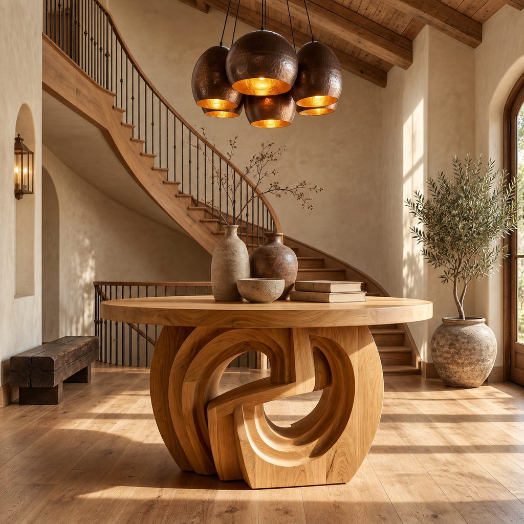 Round Entry Table with Interlocking Scroll Curl Pedestal, Rustic Carved Solid Wood Foyer Table