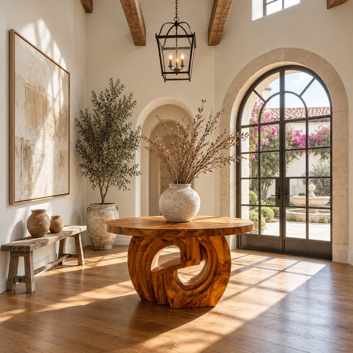 Round Entry Table with Interlocking Scroll Curl Pedestal, Rustic Carved Solid Wood Foyer Table