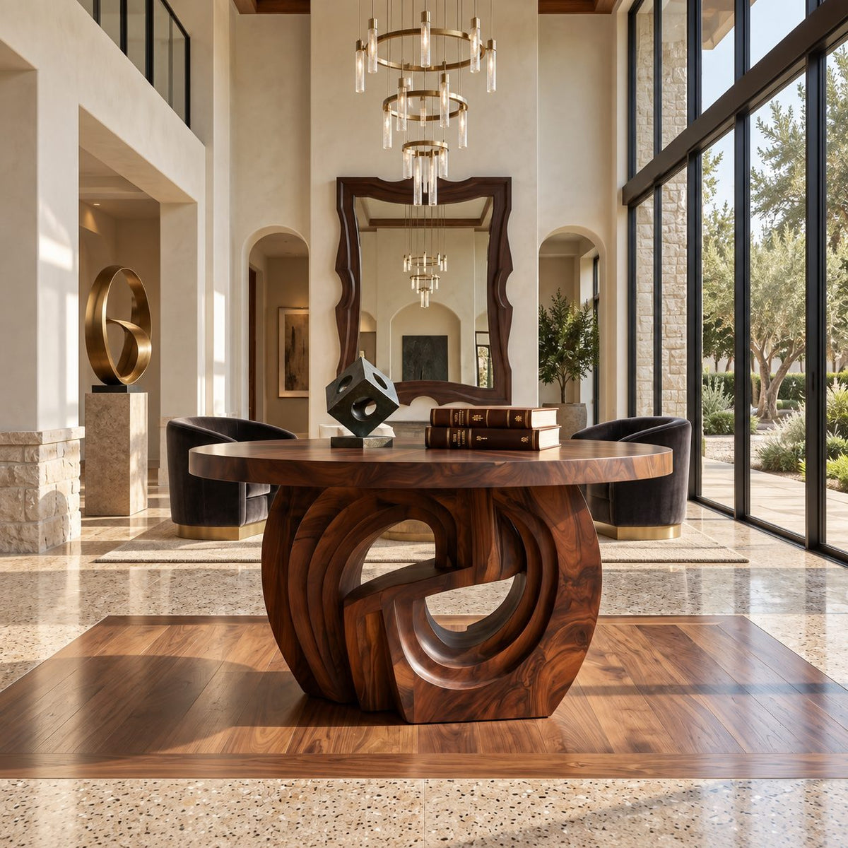 Round Entry Table with Interlocking Scroll Curl Pedestal, Rustic Carved Solid Wood Foyer Table