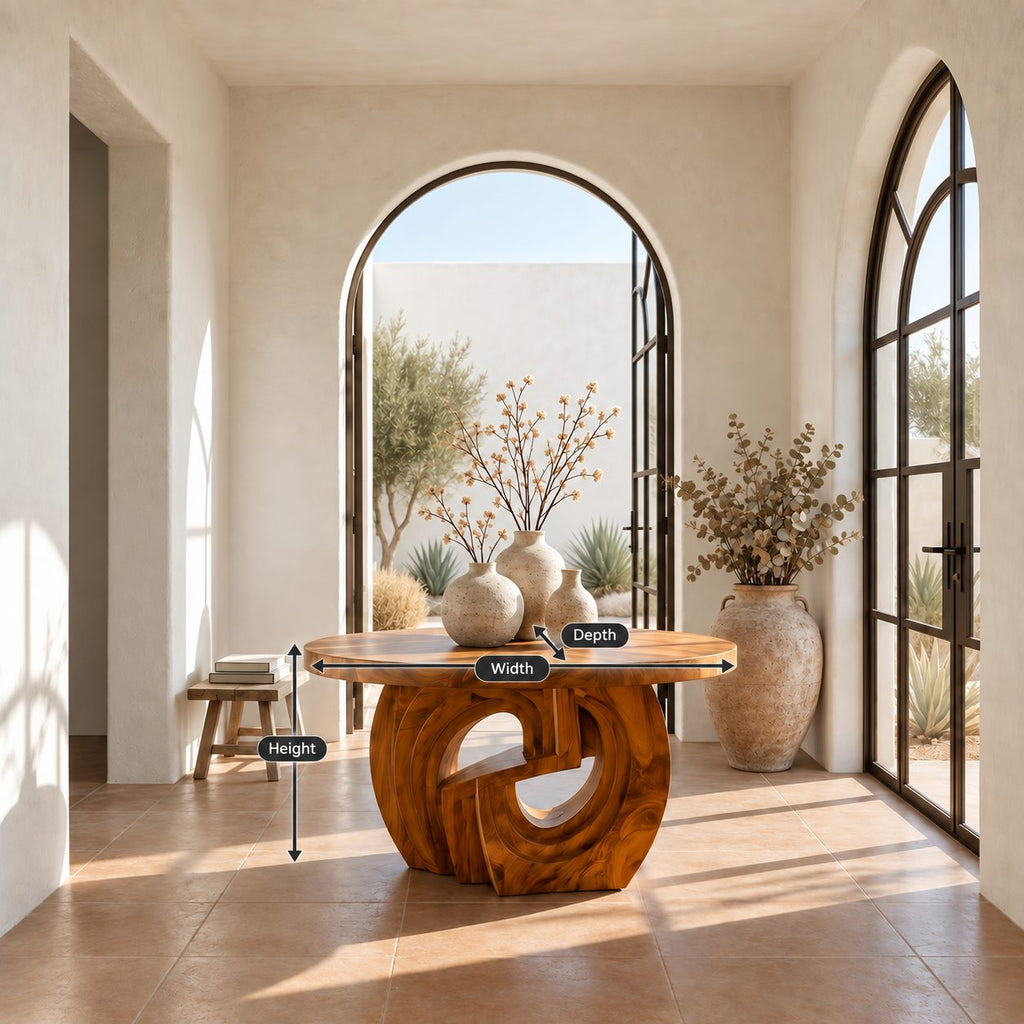 Round Entry Table with Interlocking Scroll Curl Pedestal, Rustic Carved Solid Wood Foyer Table