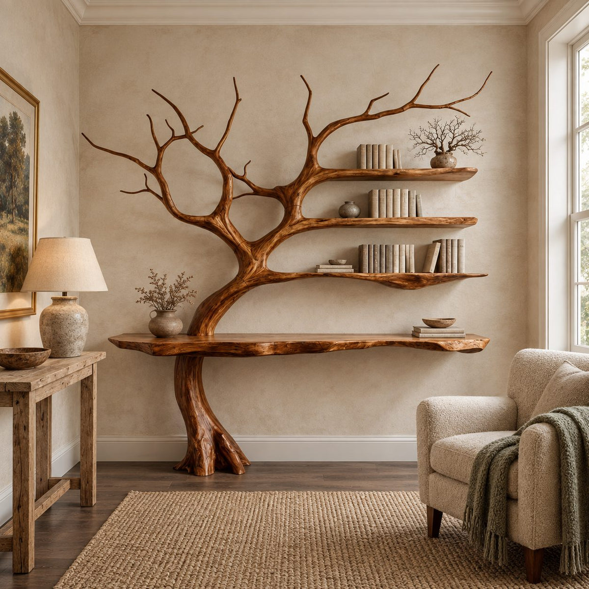 Tree Console Table with Branch Bookshelf, Live Edge Wall Desk with Three Floating Shelves