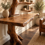 Tree Console Table with Branch Bookshelf, Live Edge Wall Desk with Three Floating Shelves