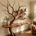 Tree Console Table with Branch Bookshelf, Live Edge Wall Desk with Three Floating Shelves