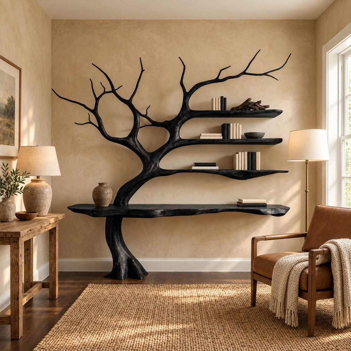 Tree Console Table with Branch Bookshelf, Live Edge Wall Desk with Three Floating Shelves
