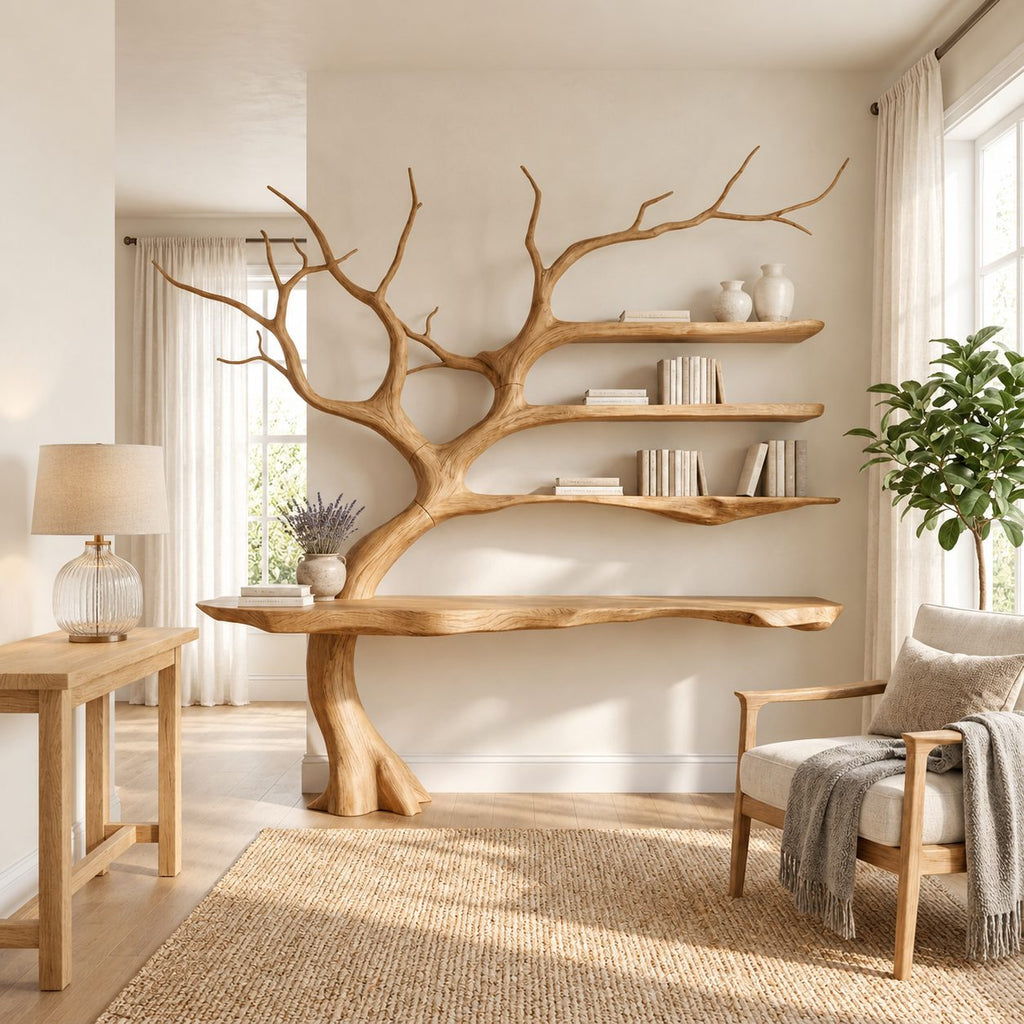 Tree Console Table with Branch Bookshelf, Live Edge Wall Desk with Three Floating Shelves