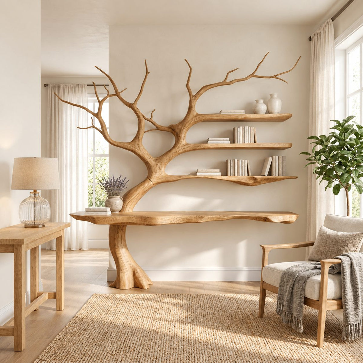 Tree Console Table with Branch Bookshelf, Live Edge Wall Desk with Three Floating Shelves