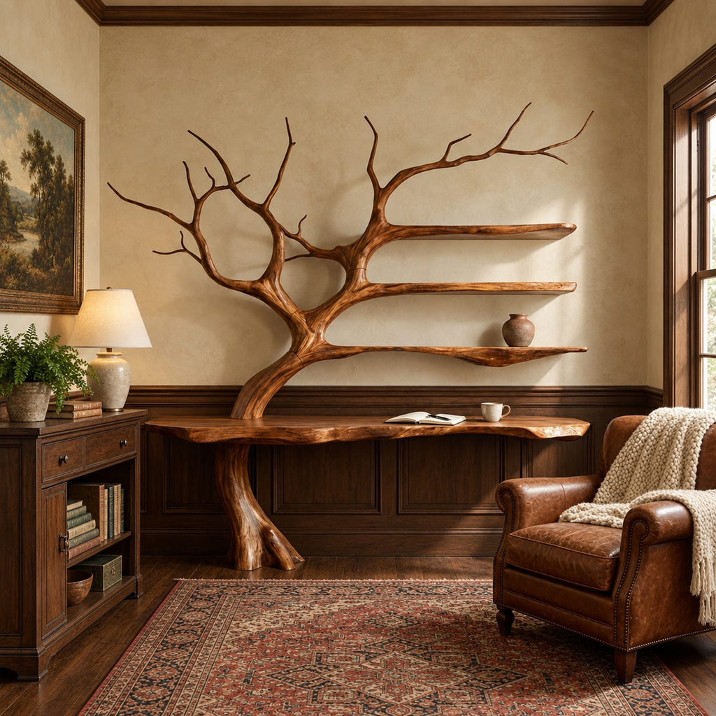 Tree Console Table with Branch Bookshelf, Live Edge Wall Desk with Three Floating Shelves
