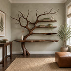 Tree Console Table with Branch Bookshelf, Live Edge Wall Desk with Three Floating Shelves