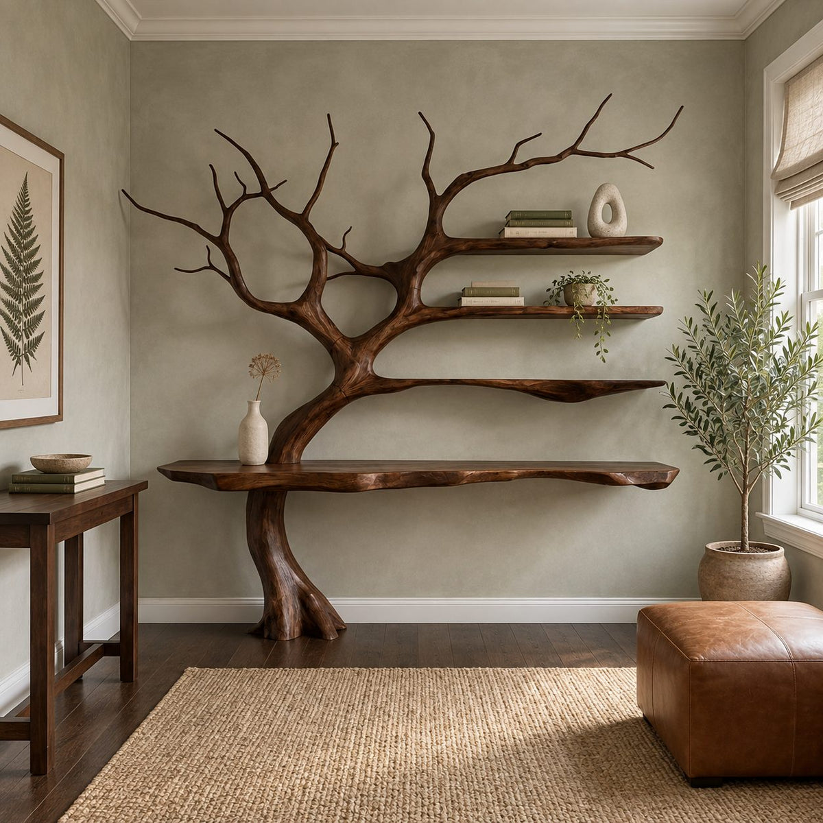 Tree Console Table with Branch Bookshelf, Live Edge Wall Desk with Three Floating Shelves