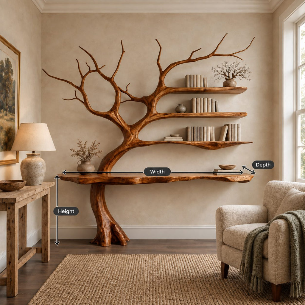 Tree Console Table with Branch Bookshelf, Live Edge Wall Desk with Three Floating Shelves
