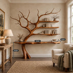 Tree Console Table with Branch Bookshelf, Live Edge Wall Desk with Three Floating Shelves
