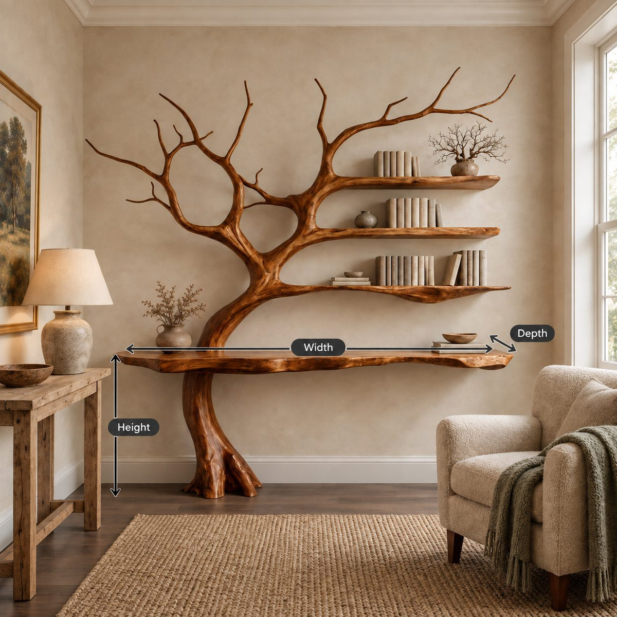 Tree Console Table with Branch Bookshelf, Live Edge Wall Desk with Three Floating Shelves