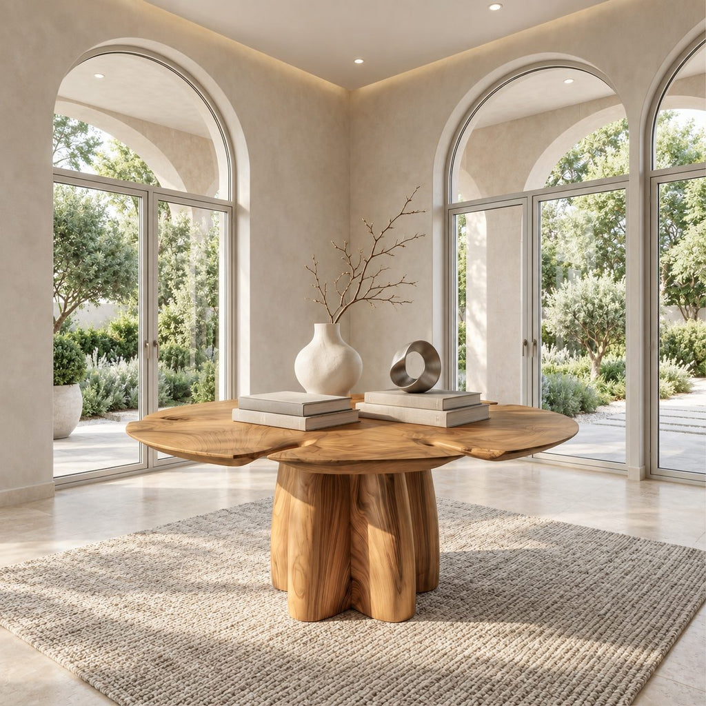 Clover Top Foyer Table with Chunky Lobed Pedestal, Organic Solid Wood Entryway Center Table