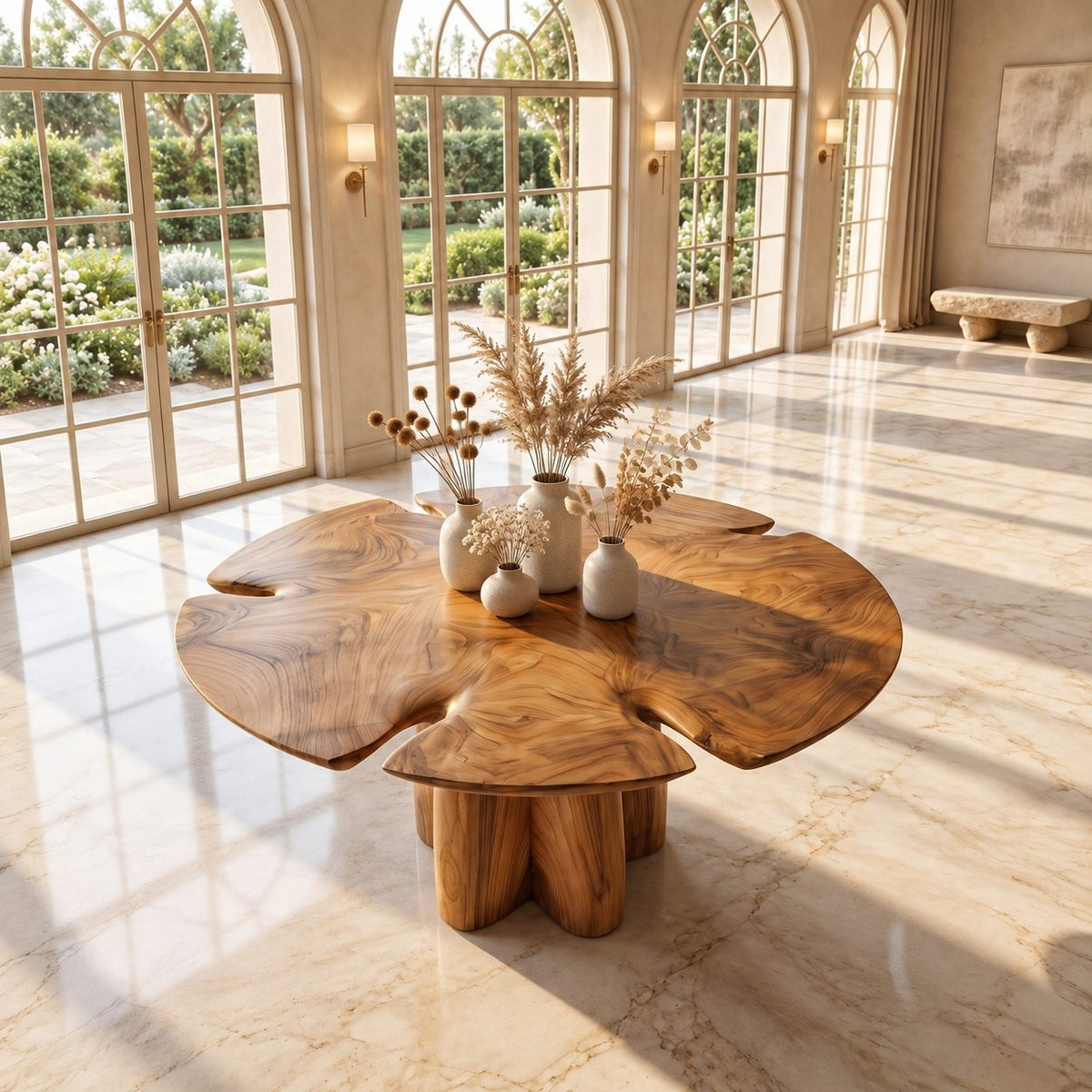 Clover Top Foyer Table with Chunky Lobed Pedestal, Organic Solid Wood Entryway Center Table
