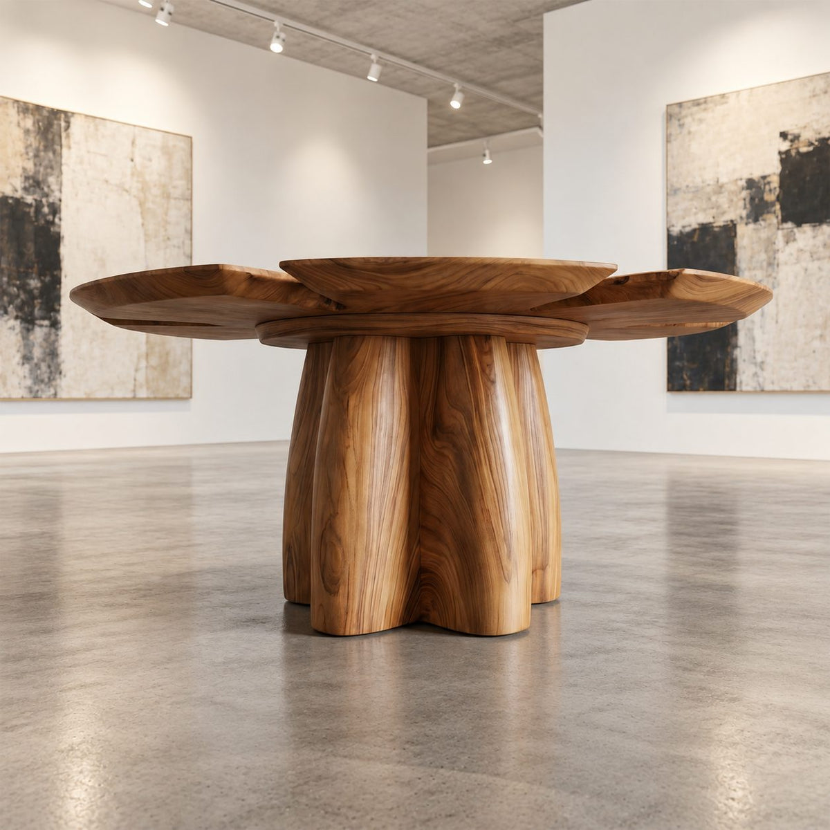 Clover Top Foyer Table with Chunky Lobed Pedestal, Organic Solid Wood Entryway Center Table