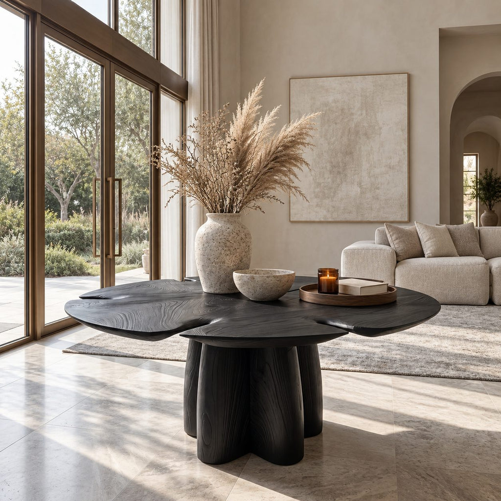Clover Top Foyer Table with Chunky Lobed Pedestal, Organic Solid Wood Entryway Center Table