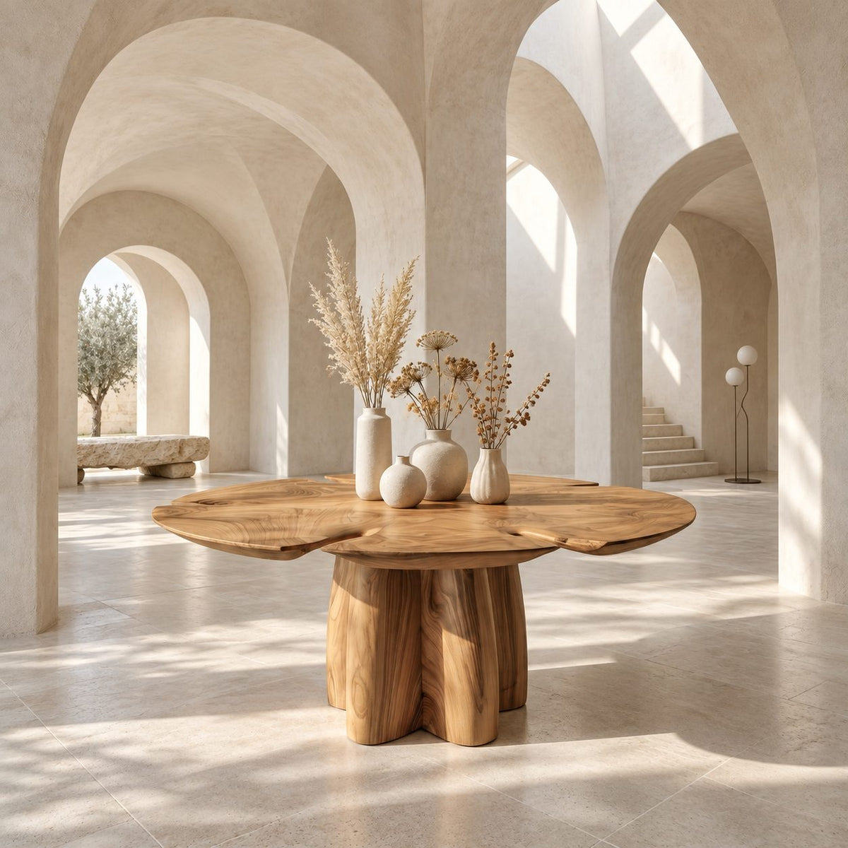 Clover Top Foyer Table with Chunky Lobed Pedestal, Organic Solid Wood Entryway Center Table