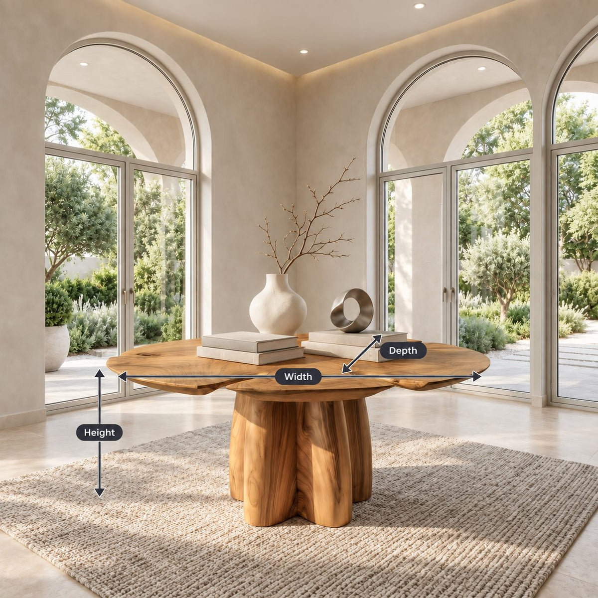 Clover Top Foyer Table with Chunky Lobed Pedestal, Organic Solid Wood Entryway Center Table
