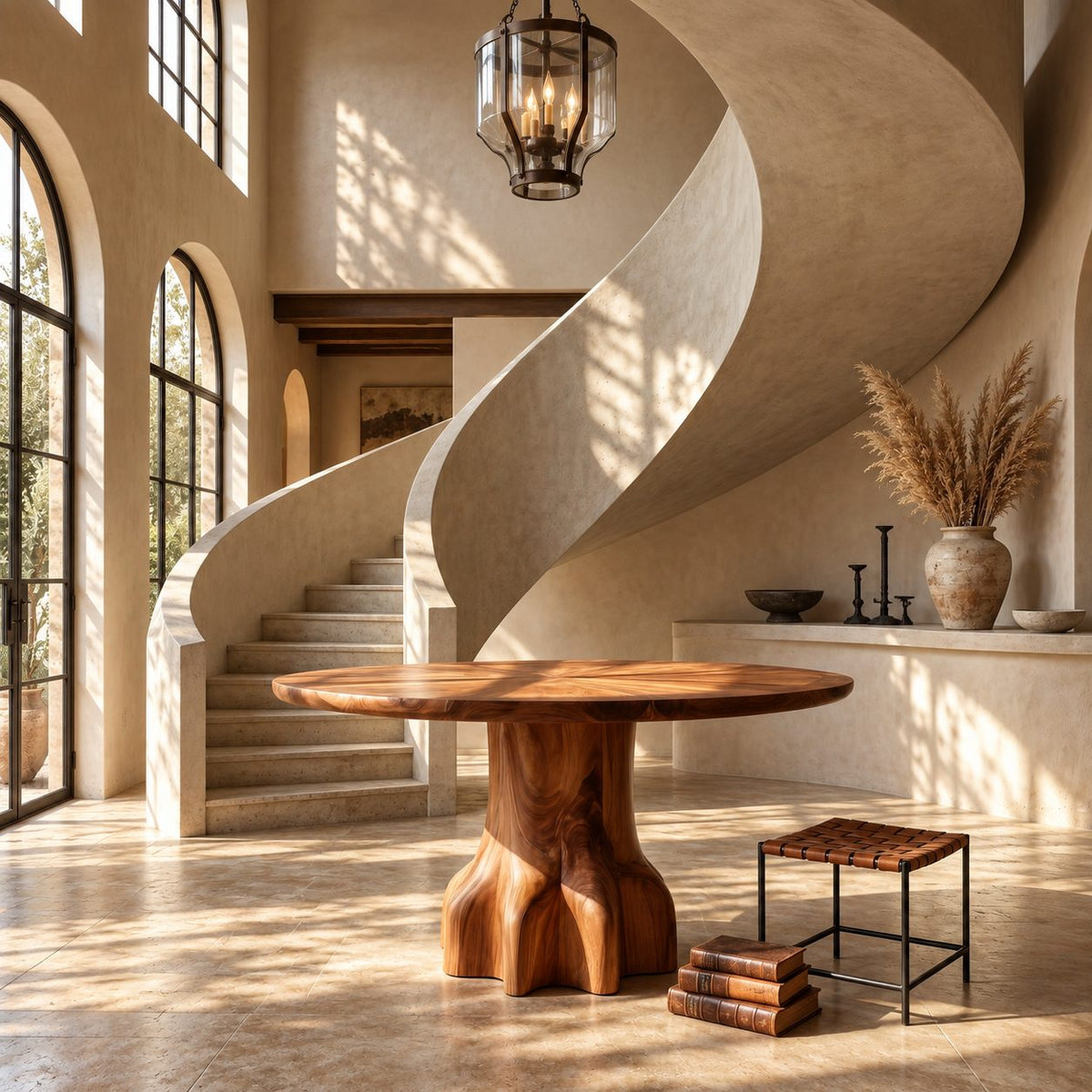 Round Foyer Table with Chunky Claw Foot Pedestal, Rustic Handcrafted Solid Wood Entryway Table