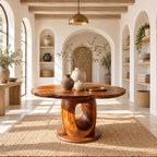 Wavy Edge Round Foyer Table with Open Loop Pedestal on Plinth, Organic Solid Wood Entry Table