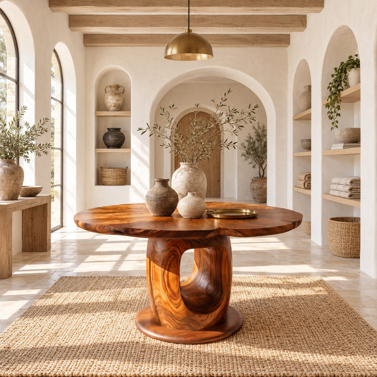Wavy Edge Round Foyer Table with Open Loop Pedestal on Plinth, Organic Solid Wood Entry Table