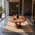 Wavy Edge Round Foyer Table with Open Loop Pedestal on Plinth, Organic Solid Wood Entry Table