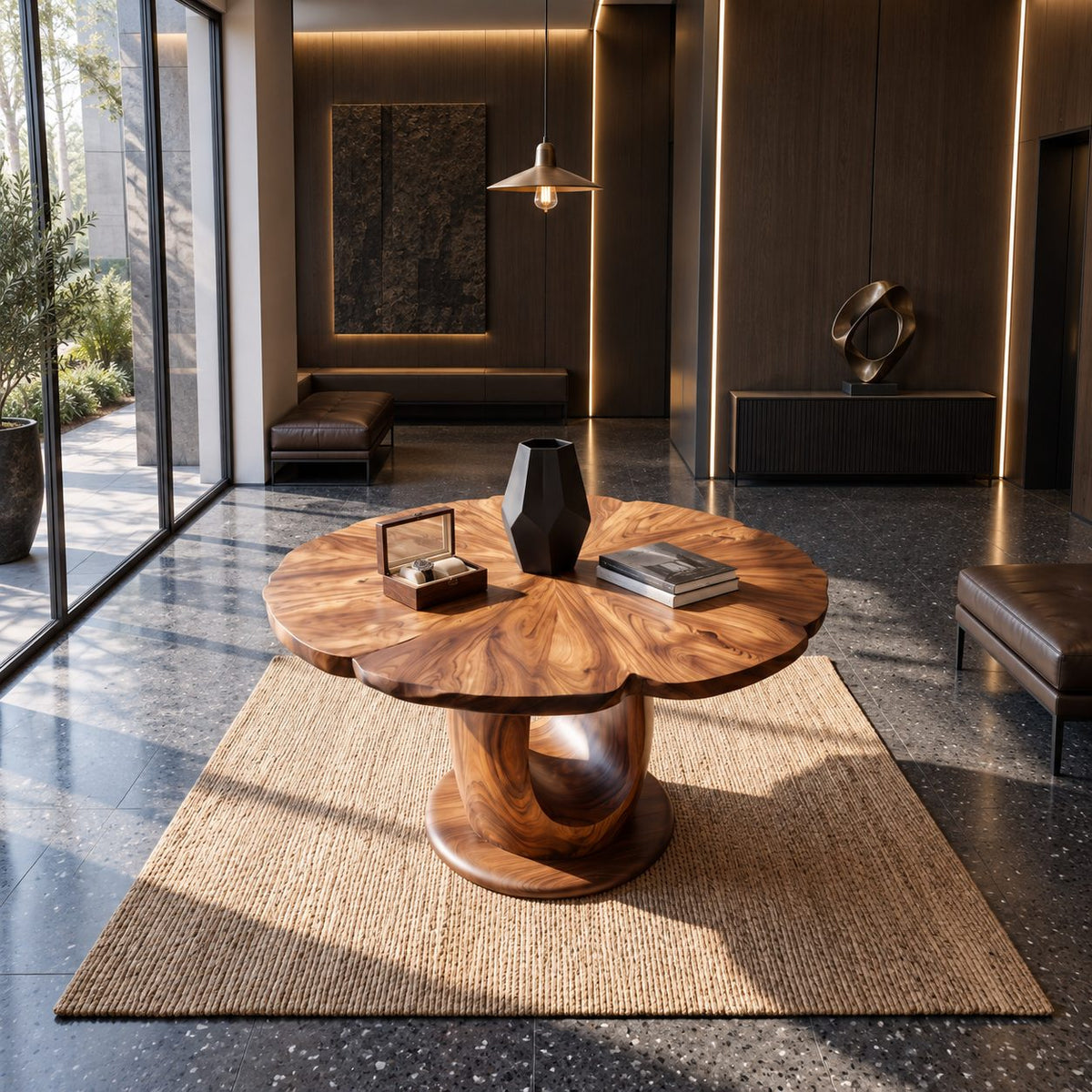 Wavy Edge Round Foyer Table with Open Loop Pedestal on Plinth, Organic Solid Wood Entry Table