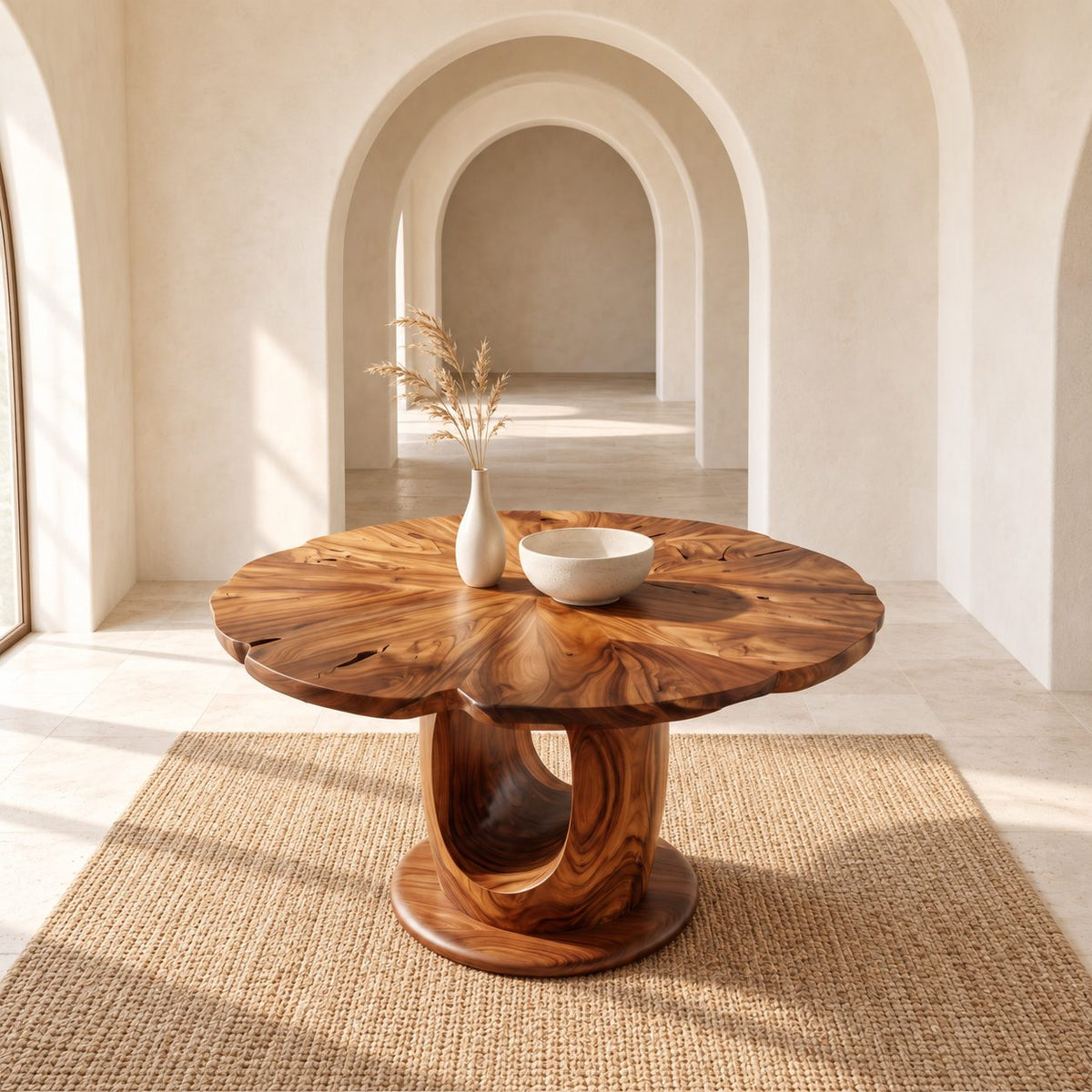 Wavy Edge Round Foyer Table with Open Loop Pedestal on Plinth, Organic Solid Wood Entry Table