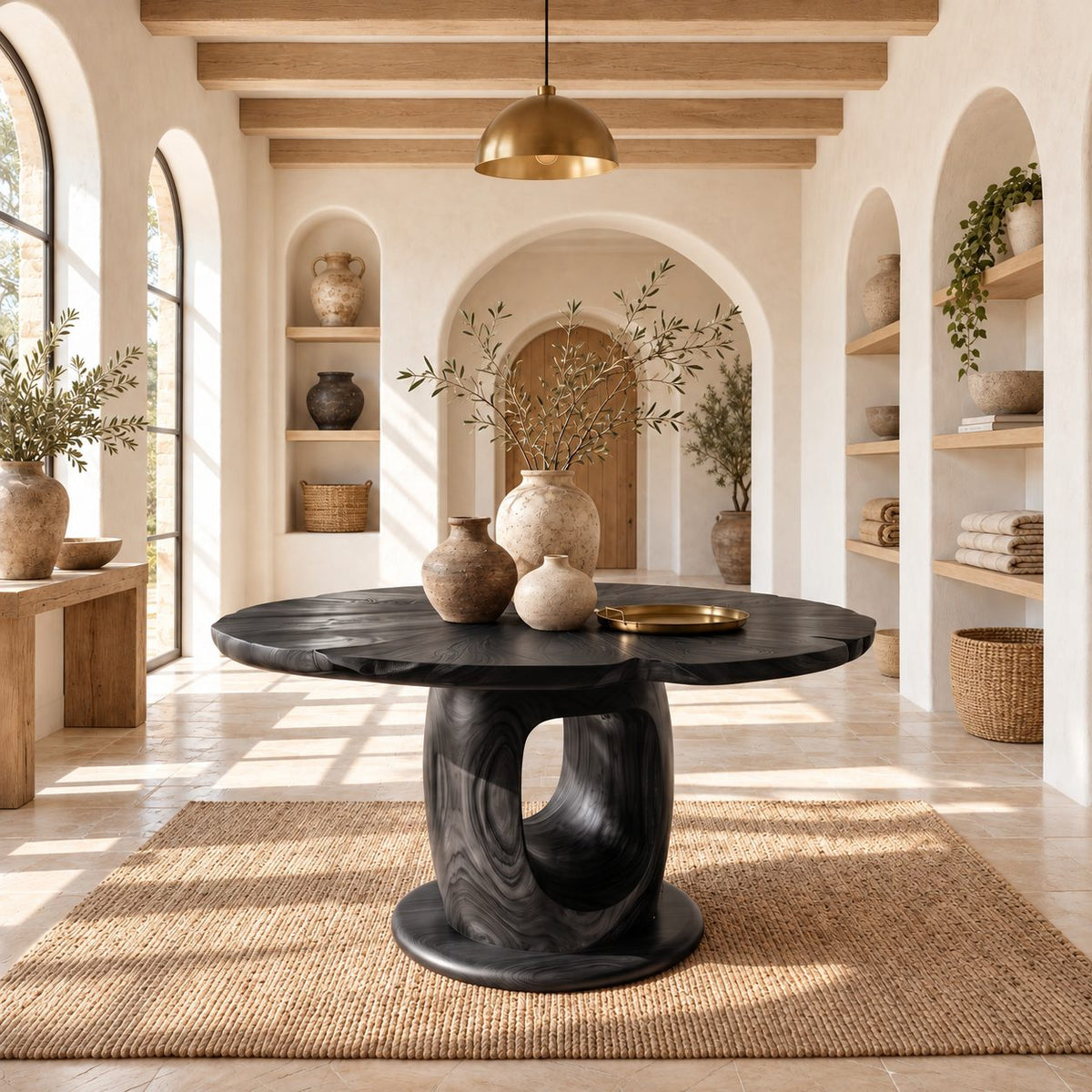 Wavy Edge Round Foyer Table with Open Loop Pedestal on Plinth, Organic Solid Wood Entry Table