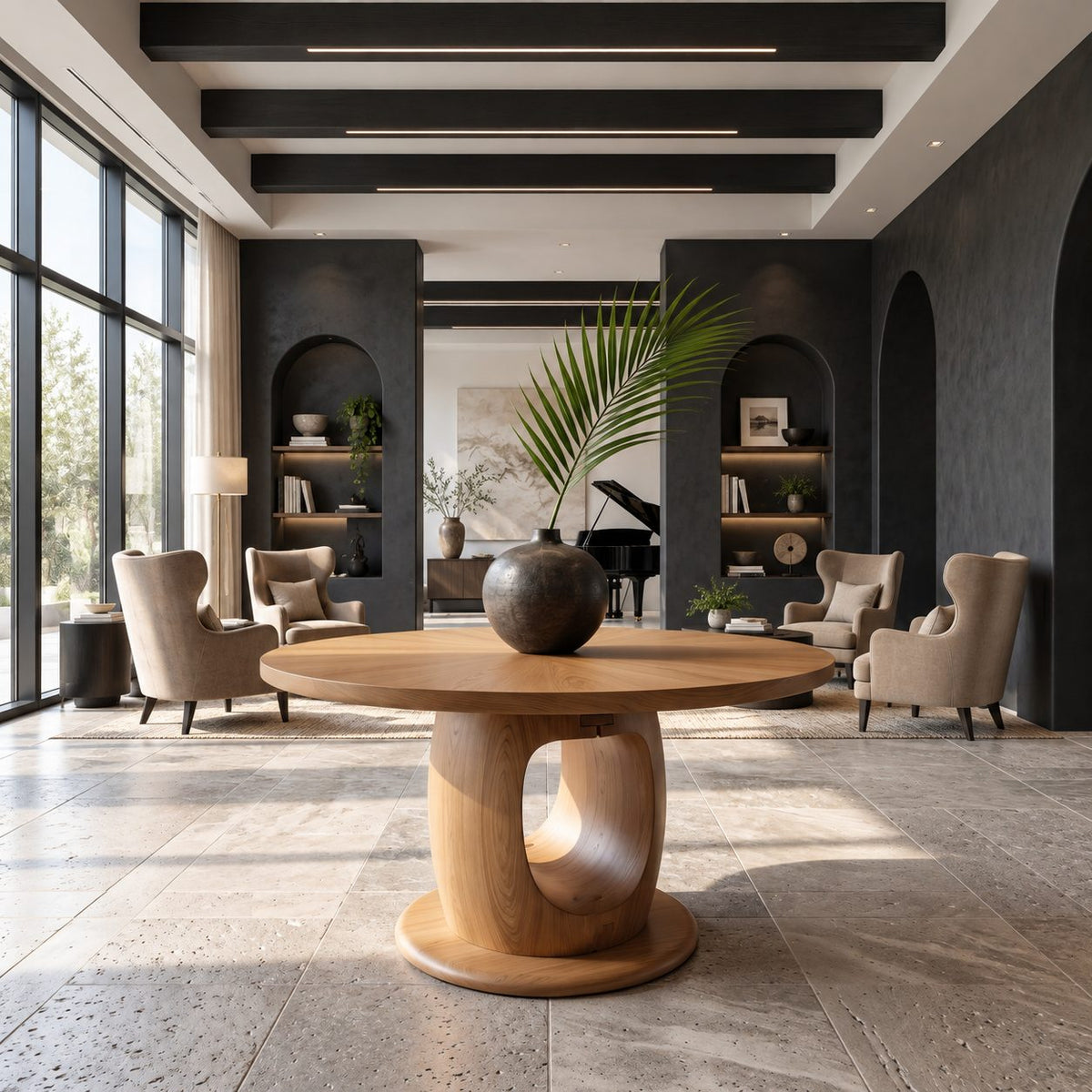 Wavy Edge Round Foyer Table with Open Loop Pedestal on Plinth, Organic Solid Wood Entry Table