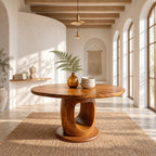 Wavy Edge Round Foyer Table with Open Loop Pedestal on Plinth, Organic Solid Wood Entry Table