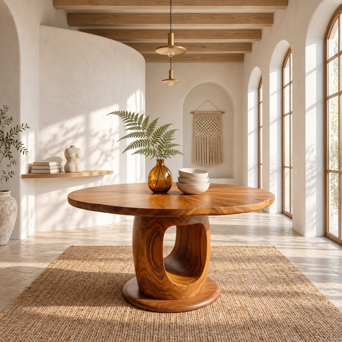Wavy Edge Round Foyer Table with Open Loop Pedestal on Plinth, Organic Solid Wood Entry Table