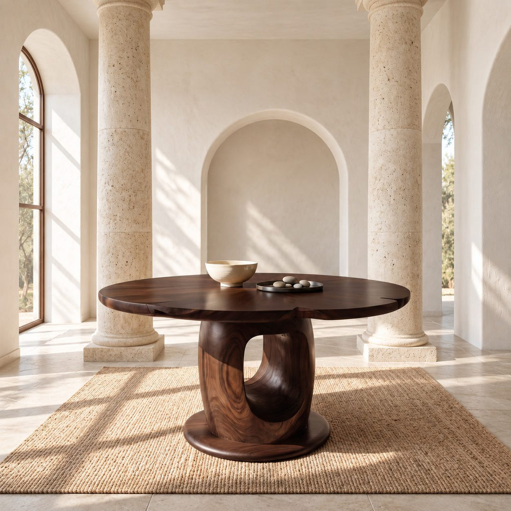 Wavy Edge Round Foyer Table with Open Loop Pedestal on Plinth, Organic Solid Wood Entry Table