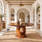 Wavy Edge Round Foyer Table with Open Loop Pedestal on Plinth, Organic Solid Wood Entry Table