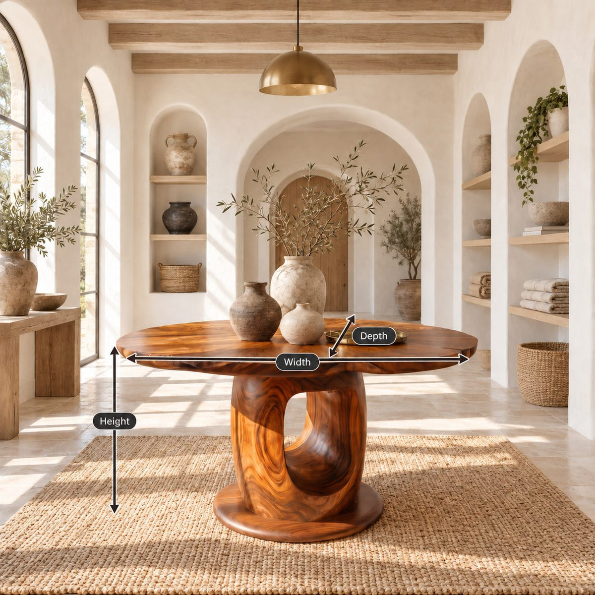 Wavy Edge Round Foyer Table with Open Loop Pedestal on Plinth, Organic Solid Wood Entry Table