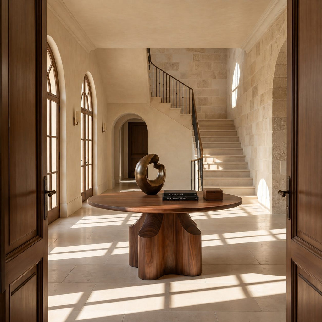 Round Foyer Table with Cross Block Pedestal, Contemporary Solid Wood Entryway or Dining Table