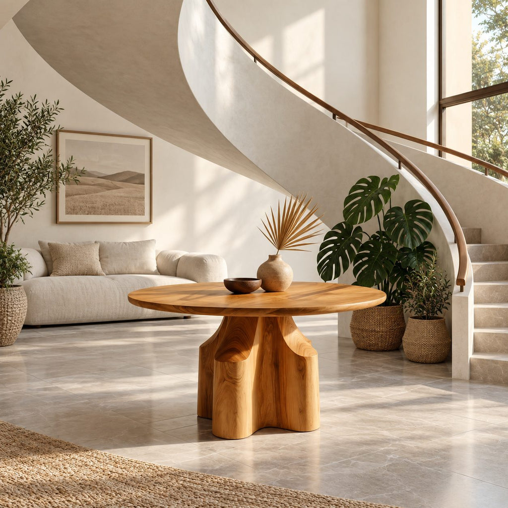 Round Foyer Table with Cross Block Pedestal, Contemporary Solid Wood Entryway or Dining Table