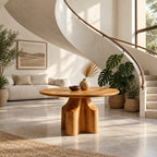 Round Foyer Table with Cross Block Pedestal, Contemporary Solid Wood Entryway or Dining Table