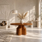 Round Foyer Table with Cross Block Pedestal, Contemporary Solid Wood Entryway or Dining Table