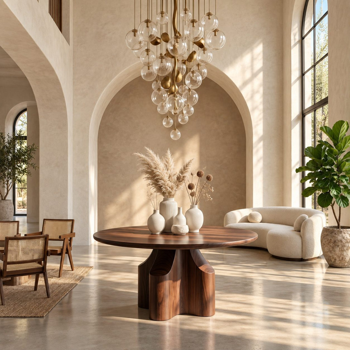 Round Foyer Table with Cross Block Pedestal, Contemporary Solid Wood Entryway or Dining Table