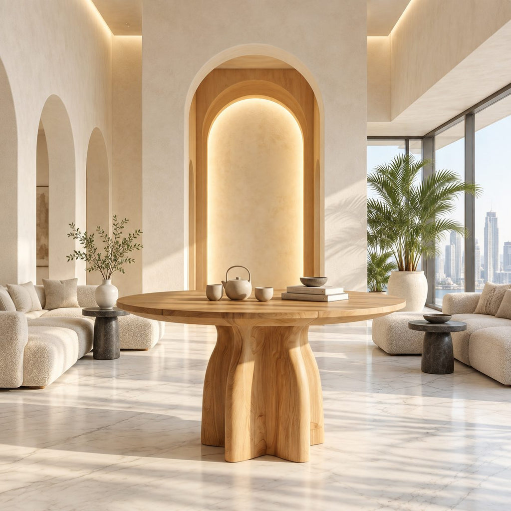 Round Foyer Table with Four Fin Clover Pedestal, Organic Solid Wood Entryway or Small Dining Table