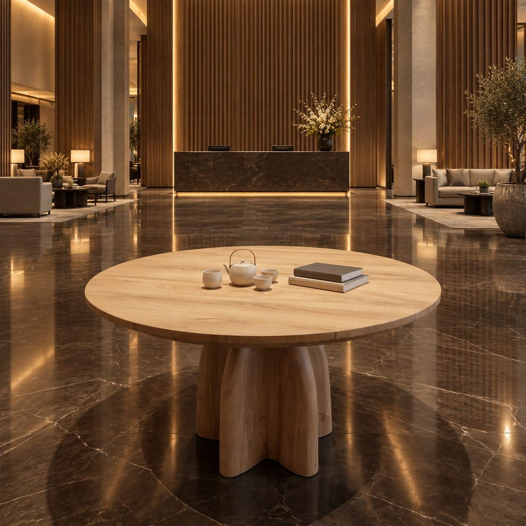 Round Foyer Table with Four Fin Clover Pedestal, Organic Solid Wood Entryway or Small Dining Table