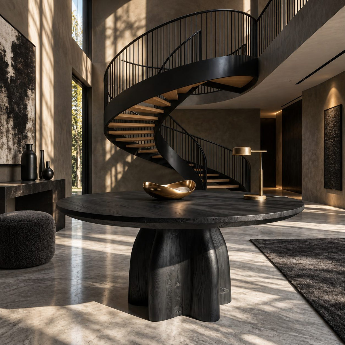 Round Foyer Table with Four Fin Clover Pedestal, Organic Solid Wood Entryway or Small Dining Table