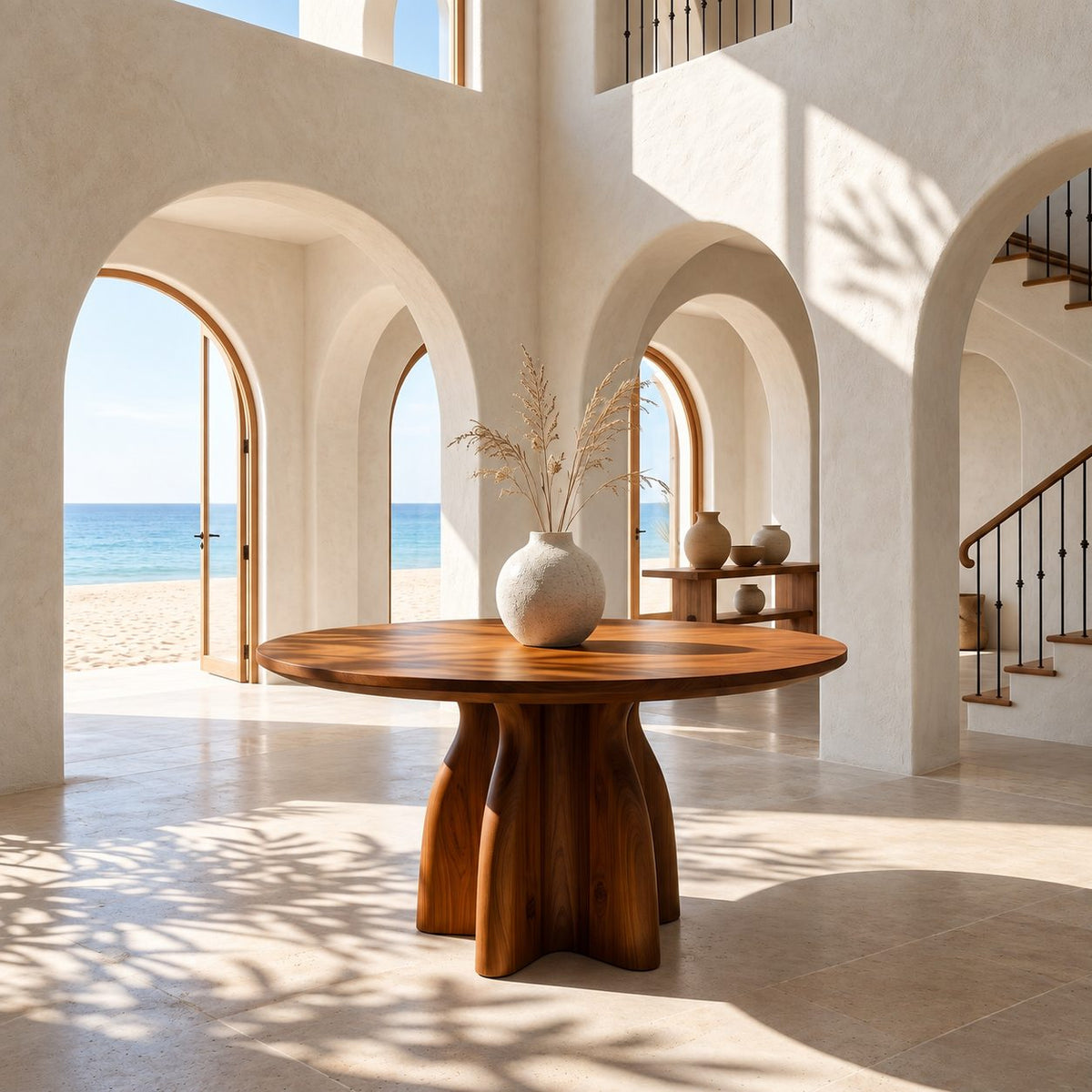 Round Foyer Table with Four Fin Clover Pedestal, Organic Solid Wood Entryway or Small Dining Table