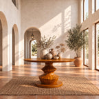 Round Entryway Table with Turned Stacked Bulb Pedestal, Modern Solid Wood Foyer Table for Hallway