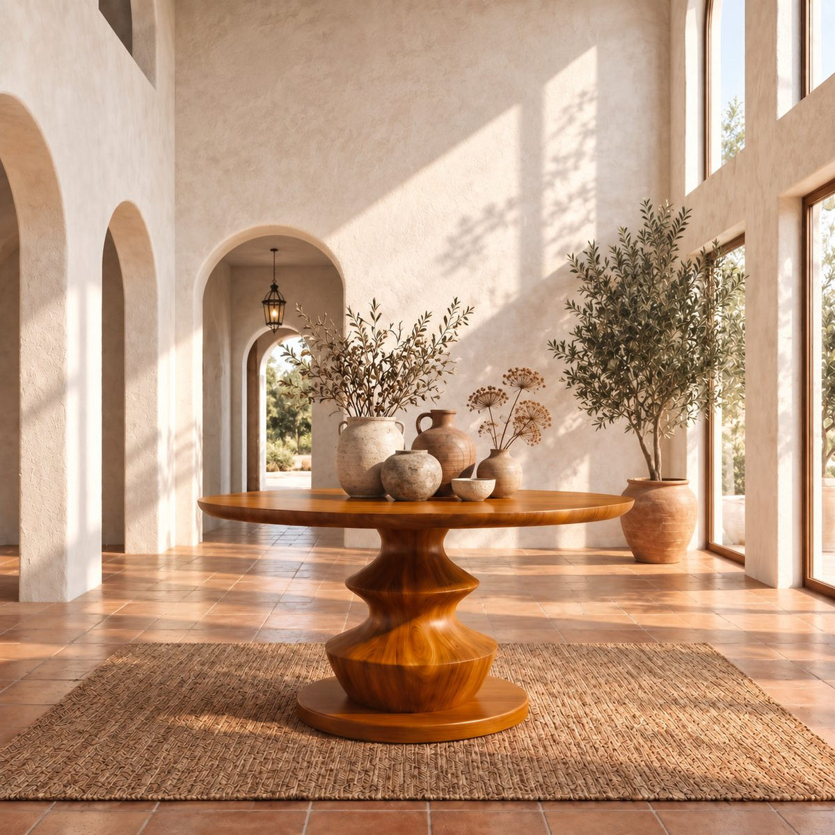 Round Entryway Table with Turned Stacked Bulb Pedestal, Modern Solid Wood Foyer Table for Hallway