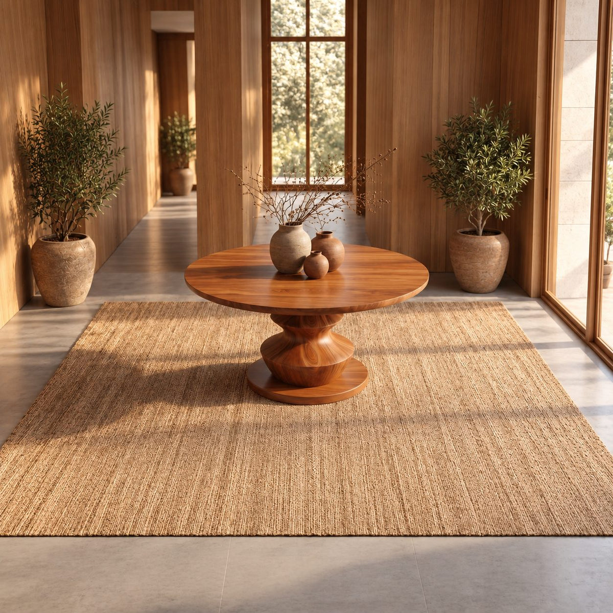 Round Entryway Table with Turned Stacked Bulb Pedestal, Modern Solid Wood Foyer Table for Hallway