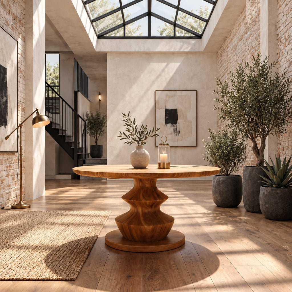 Round Entryway Table with Turned Stacked Bulb Pedestal, Modern Solid Wood Foyer Table for Hallway