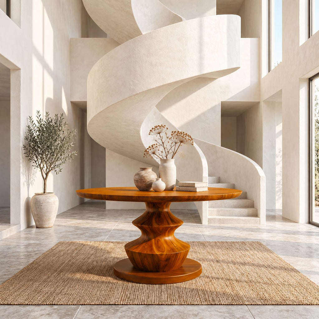 Round Entryway Table with Turned Stacked Bulb Pedestal, Modern Solid Wood Foyer Table for Hallway