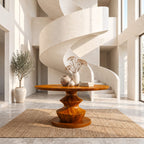 Round Entryway Table with Turned Stacked Bulb Pedestal, Modern Solid Wood Foyer Table for Hallway